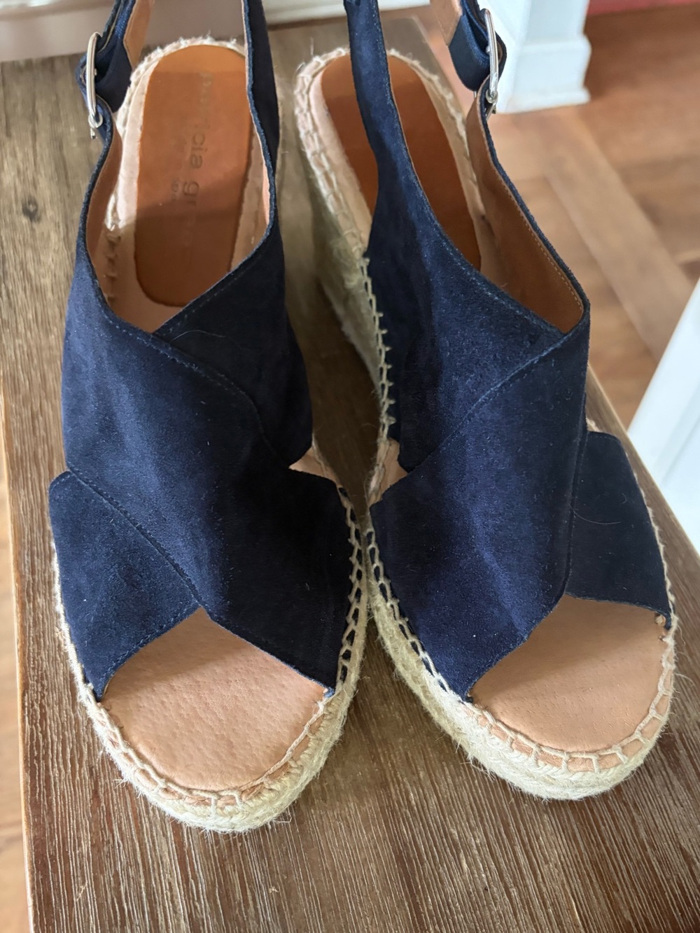 Patricia Green Madeline navy  Suede Crossover Strap Jute Heel Espadrilles